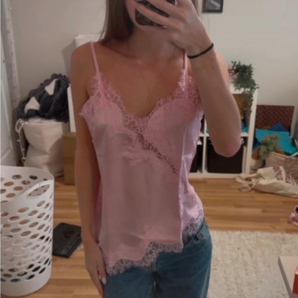 Pink Lace Trim Satin Cami Top size small brand new